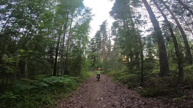 Young boy rides a Bicycle through the forest.