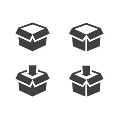 Open box or parcel with arrow black vector icon. Delivery package cardboard box symbol.