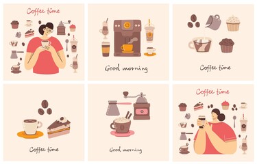 Big set of cards with coffee maker, cup, glass, coffee grinder around the woman with cup of coffee art style on background.