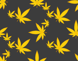 Golden marijuana on a black background. Seamless texture.