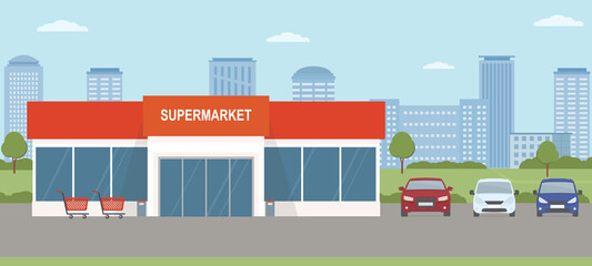 Supermarket building with parking lot. Urban landscape. Flat style, vector illustration.