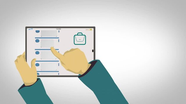 Hand holding an ipad with speech bubbles on the screen over white background.
