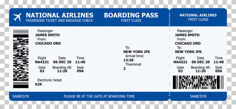 Boarding pass template with sample text and qr code. Air travel concept for travel design or business meetings. Vector paper boarding pass with tear line on transparent background.