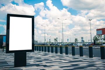 Mocap of blank banner on the street in cloudy weather. Beautiful mocap stand with street advertising on a background of clouds.