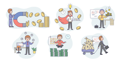 Concept Of Business Success, Attract Money. Set Of Happy Young Businessmen, Attracting Money By Different Ways. Successful Male Character Is Getting A Profit. Cartoon Flat Style. Vector Illustration