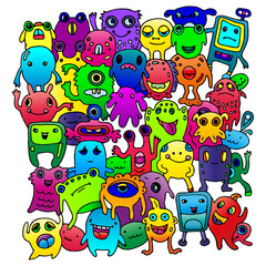 Vector colored funny monsters with black outline. On a white isolated background.