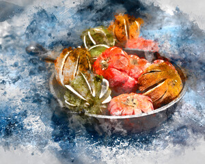 Fototapeta na wymiar Digital watercolour painting of Beautiful food portrait of Wnter seasonal dried fruits with old vintage texture background and cutlery and accessories