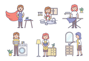 Professional Cleaning Service And Housework Concept. Set Of Women Housewives In Uniform Make Housework Using Cleaning Products And Work Tools. Cartoon Outline Linear Flat Style. Vector Illustration