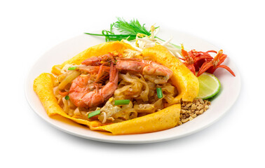 Thai Fried Noodles with Shrimps and egg wrapped Pad