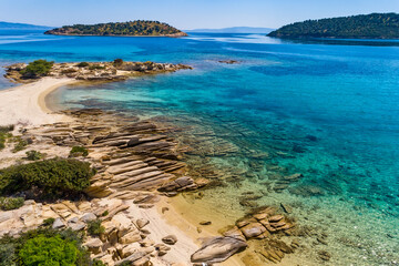 Aerial view of Lagonisi beach on the Sithonia peninsula, in the Chalkidiki , Greece