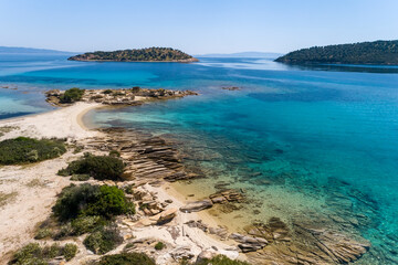 Aerial view of Lagonisi beach on the Sithonia peninsula, in the Chalkidiki , Greece