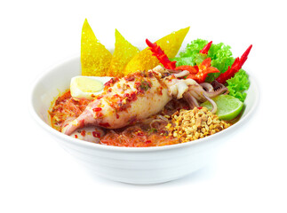 Vermicelli Rice Noodles with Squids and Boiled Egg