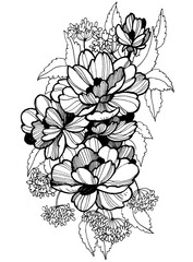 bouquet of different flowers and leaves tattoo sketch on paper