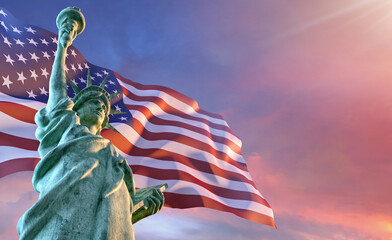 USA 4th of July greeting card with United States national flag, Statue of Liberty background. United States of America Independence Day design template for banner, invitation, flyer, 3D illustration © Corona Borealis