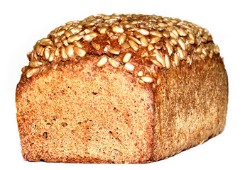 Sunflower bread with seeds on crust isolated on white