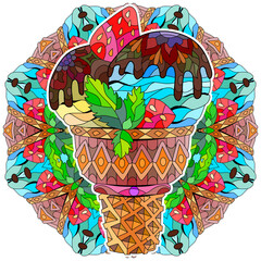 Hand drawn colorful zentangle ice cream illustration with mandala