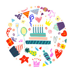 Funny cute vector hand drawn illustration. Bright multi-colored party elements. Balloons,cake,garlands and other. Birthday celebration concept.  Design for cards, banners, posters, textiles.