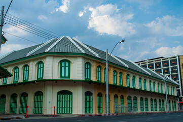Ancient buildings in Sino-Portuguese architecture style in the heart of Bangkok, Thailand.

