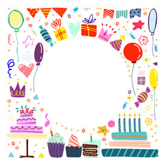 Funny cute vector hand drawn illustration. Bright multi-colored party elements. Birthday celebration concept. Round frame. Design for cards, banners, posters, textiles.