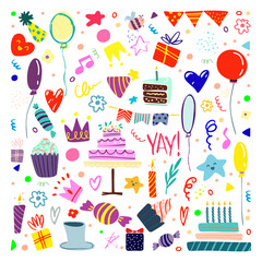 Funny cute vector hand drawn illustration. Bright multi-colored party elements. Balloons,cake,garlands and other. Birthday celebration concept.  Design for cards, banners, posters, textiles.