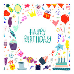 Funny cute vector hand drawn illustration. Bright multi-colored party elements. Birthday celebration concept. Happy birthday lettering. Design for cards, banners, posters, textiles.