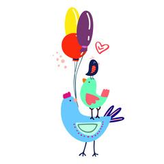 Funny cute vector hand-drawn illustration. Bright multi-colored birds carry balloons. Birthday celebration concept.Doodle. Design for cards, banners, posters, textiles.