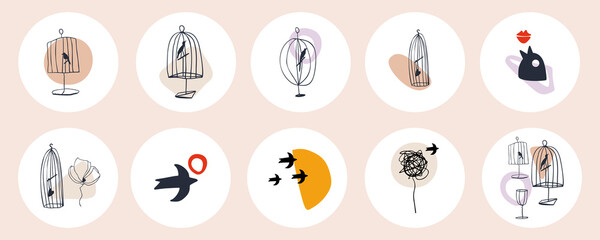 Fototapeta na wymiar Set of various abstract highlight cover stories for Instagram. Round icons for social media in pastel colors. Hand drawing of birds, birdcages, bottles, glasses and shapes
