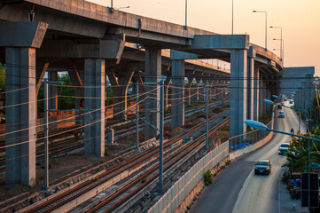 The beautiful scenery of the railway be parallel with new railway of sky train near.Expressway and railway