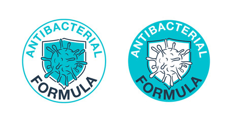 Antibacterial formula stamp - shield with microbe or virus inside - vector isolated sign for antiseptic cosmetics and medical pharmaceutical products