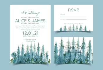 Schilderijen op glas wedding invitation cards with pine forest landscape watercolor © PEKENBALI