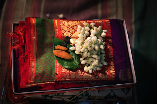 new silk saree kept on a wedding day