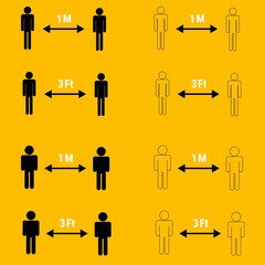 Pictogram icons on social distancing. One meter, three feet, simple graphic, black and transparent on yellow background.