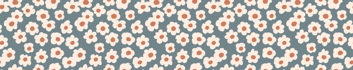 Seamless background floral daisy banner. Gender neutral baby pattern. Simple whimsical minimal earthy 2 tone color. Kids nursery flower border or boho fashion tribbon trim