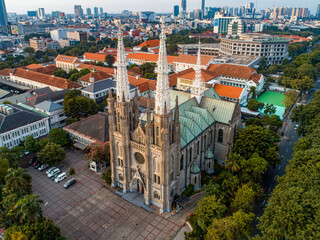 Fototapeta na wymiar Jakarta Cathedral drone shot Indonesia church