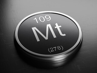 Meitnerium element from periodic table on futuristic round shiny metallic icon 3D render	