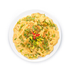 Omelette  Fried Eggs with Sesbania Flower Pancake Thai food fusion style decorate carved chili peppers top view