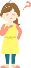 Thinking young woman in yellow apron with question mark
