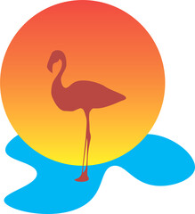 elegant flamingo birds on a background of the sun in the water