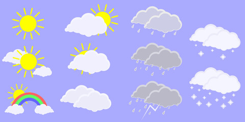 weather icon set.sunny, clear, partly cloudy, rainbow, cloudy, rain, thunderstorm.Vector illustration of weather