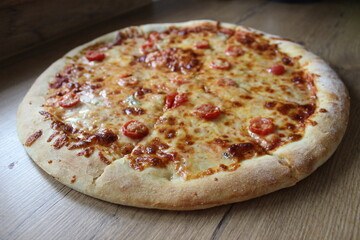 Pizza pepperoni homemade wooden table