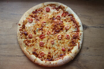 Pizza pepperoni homemade wooden table