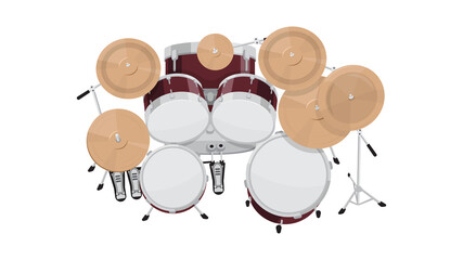 Drum kit top view on white background, flat style vector illustration