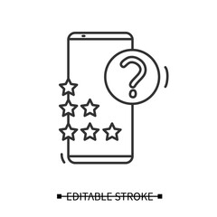 Mobile feedback icon. Smartphone linear pictogram with rating star. Online marketing survey technology and service review concept. Editable stroke vector illustration.
