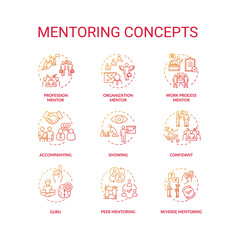 Mentoring concept icons set. Personal and professional growth idea thin line RGB color illustrations. Skills development help, knowledge sharing. Vector isolated outline drawings