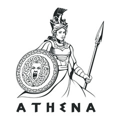 greek goddess athena illustration Black White - obrazy, fototapety, plakaty