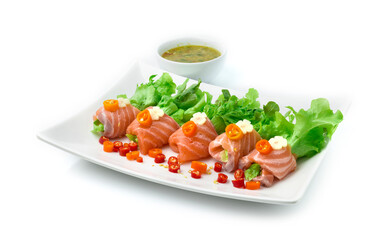 Salmon Salad Rolls Served with Seafood Wasabi Sauce