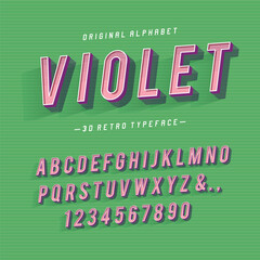 "Violet" Vintage Sans Serif 3D Alphabet. Retro Typeface. Vector Illustration. 
