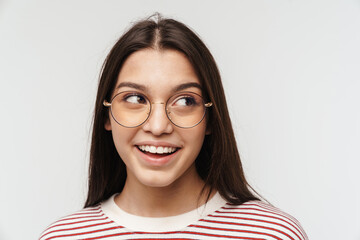 Photo of happy brunette young woman wearing eyeglasses smiling