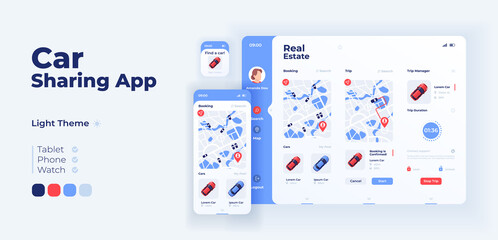 Ridesharing app screen vector adaptive design template. Collective trip on taxi. Car sharing application day mode interface with flat characters. Smartphone, tablet, smart watch cartoon UI