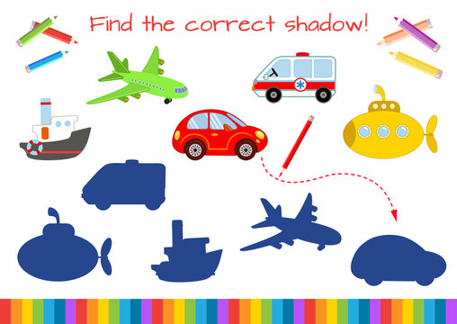Find the correct shadow! Cars, transport. Cars, transport. Airplane, car, submarine, ship, ambulance. Educational mini-game for children. Cartoon vector illustration